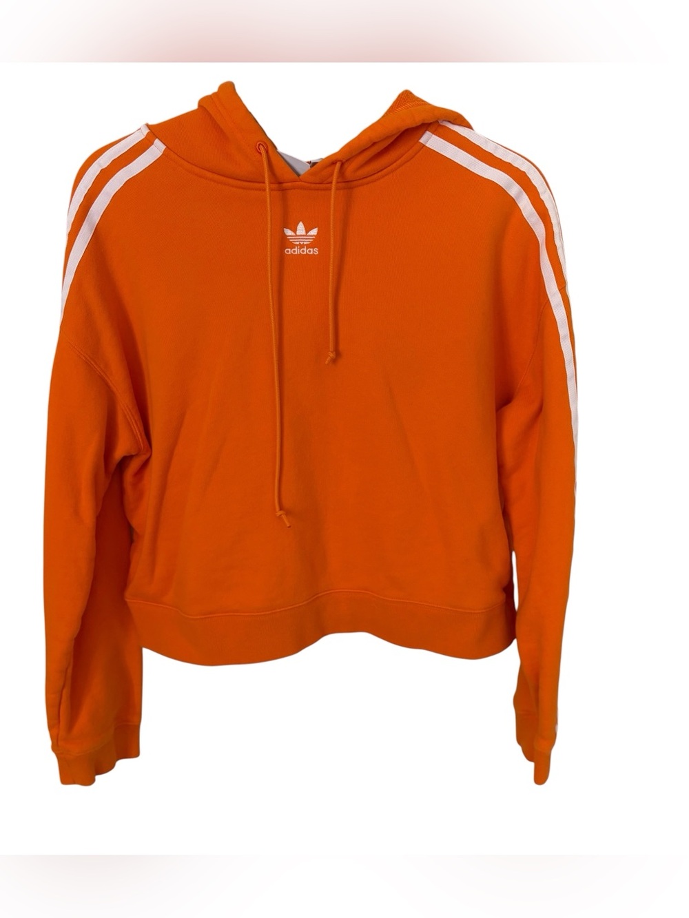 Adidas Women’s Orange Cropped Hooded Sweatshirt with Signature Stripes